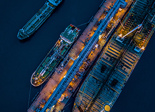 looking down at shipping barges from above